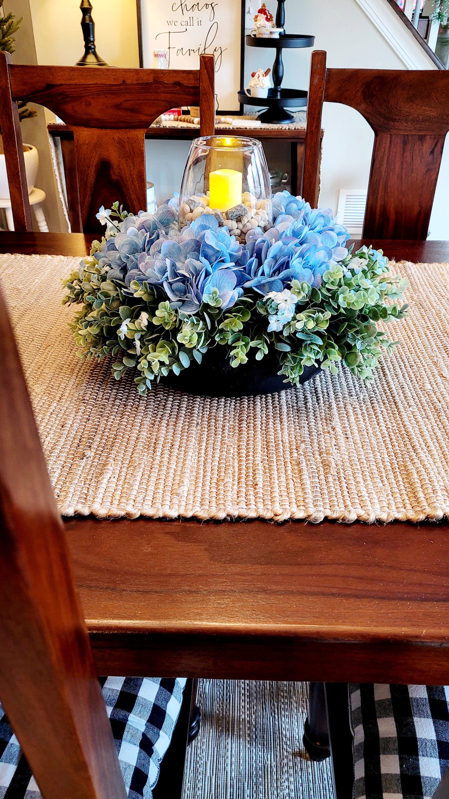 Farmhouse Table Centerpiece – Handmade Blue Hydrangea in Custom Wooden Bowl