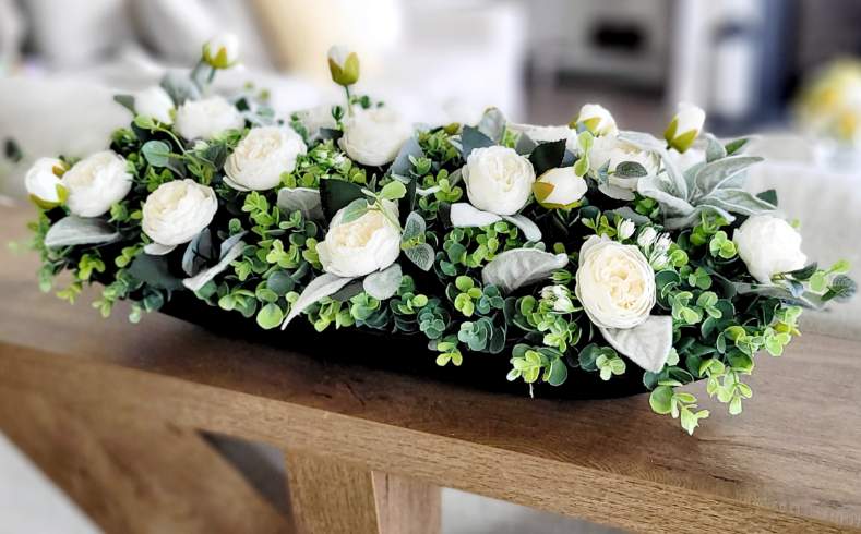 Cream Peony Flower Arrangement in Wood Dough Bowl