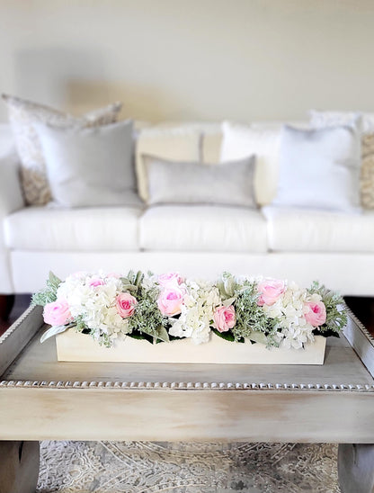 Wooden Box Floral Centerpiece Pink Rose Arrangement Dining Table Decoration Farmhouse Style Container Artificial Hydrangea Display Beautiful Home Accent Spring Floral Collection Realistic Silk Flowers Elegant Table Setting Perfect Room