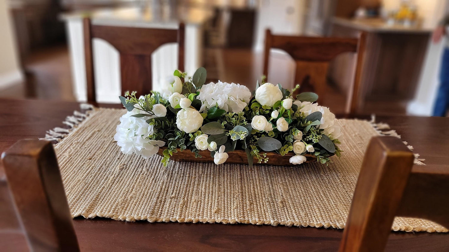 Artificial Flower Centerpiece Elegant Dining Table Arrangement Silk Roses Peonies Hydrangeas Display Dough Bowl Collection Spring Home Styling Farmhouse Rustic Design Perfect Kitchen Island Coffee Table Housewarming Gift Ready Faux Floral