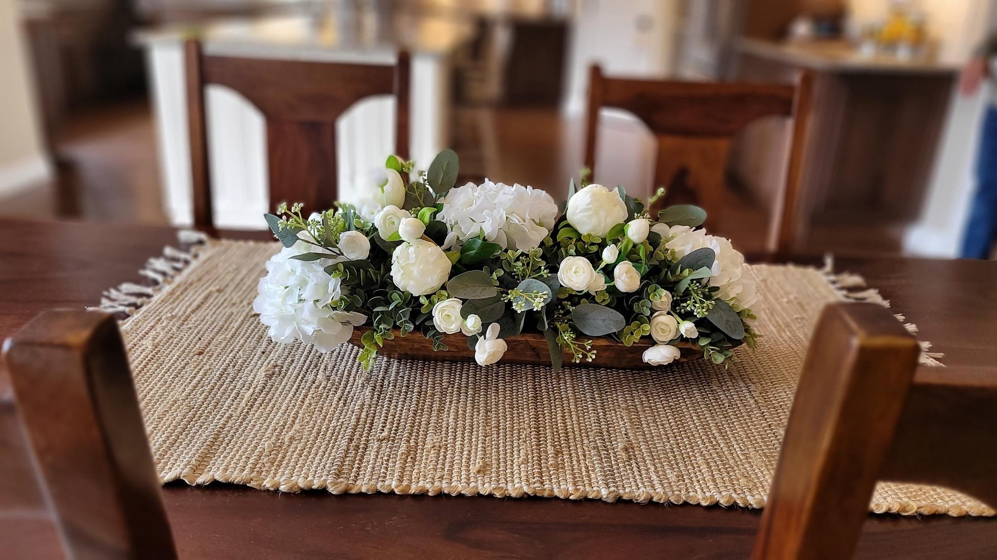 Artificial Flower Centerpiece Elegant Dining Table Arrangement Silk Roses Peonies Hydrangeas Display Dough Bowl Collection Spring Home Styling Farmhouse Rustic Design Perfect Kitchen Island Coffee Table Housewarming Gift Ready Faux Floral