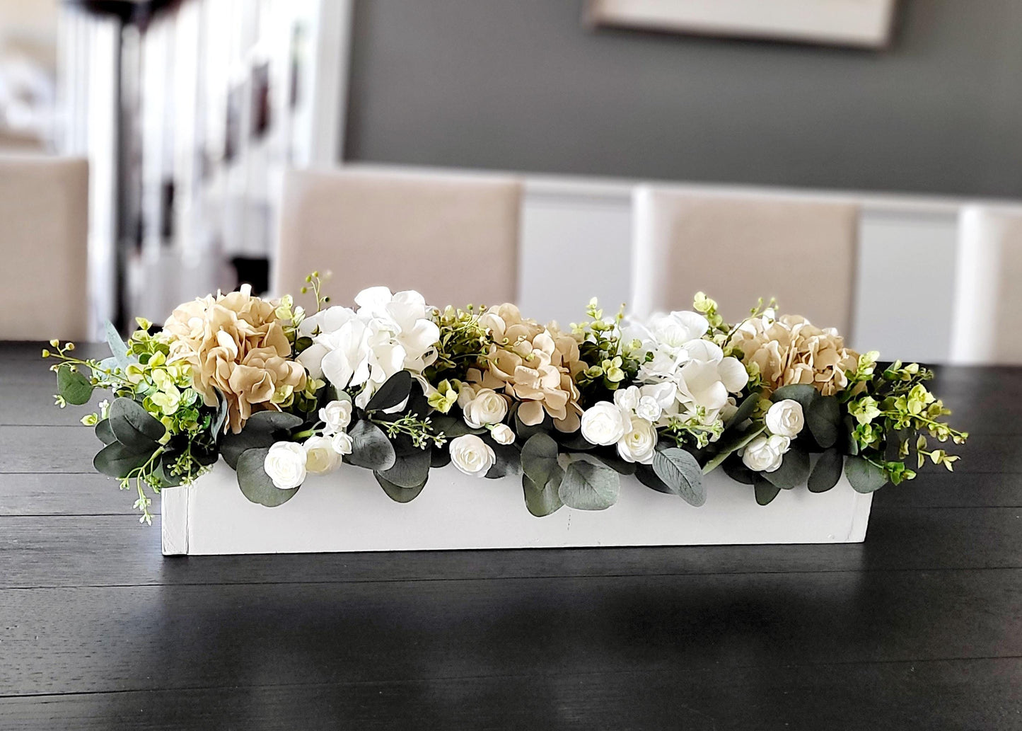 Silk Hydrangea Arrangement Wooden Box Container Farmhouse Style Centerpiece Realistic Faux Flowers Artificial Eucalyptus Greenery Rustic Table Decoration Dining Room Accent Piece Custom Color Options Elegant Home Decor Beautiful Lifelike