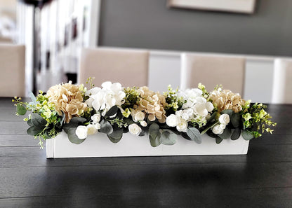 Silk Hydrangea Arrangement Wooden Box Container Farmhouse Style Centerpiece Realistic Faux Flowers Artificial Eucalyptus Greenery Rustic Table Decoration Dining Room Accent Piece Custom Color Options Elegant Home Decor Beautiful Lifelike