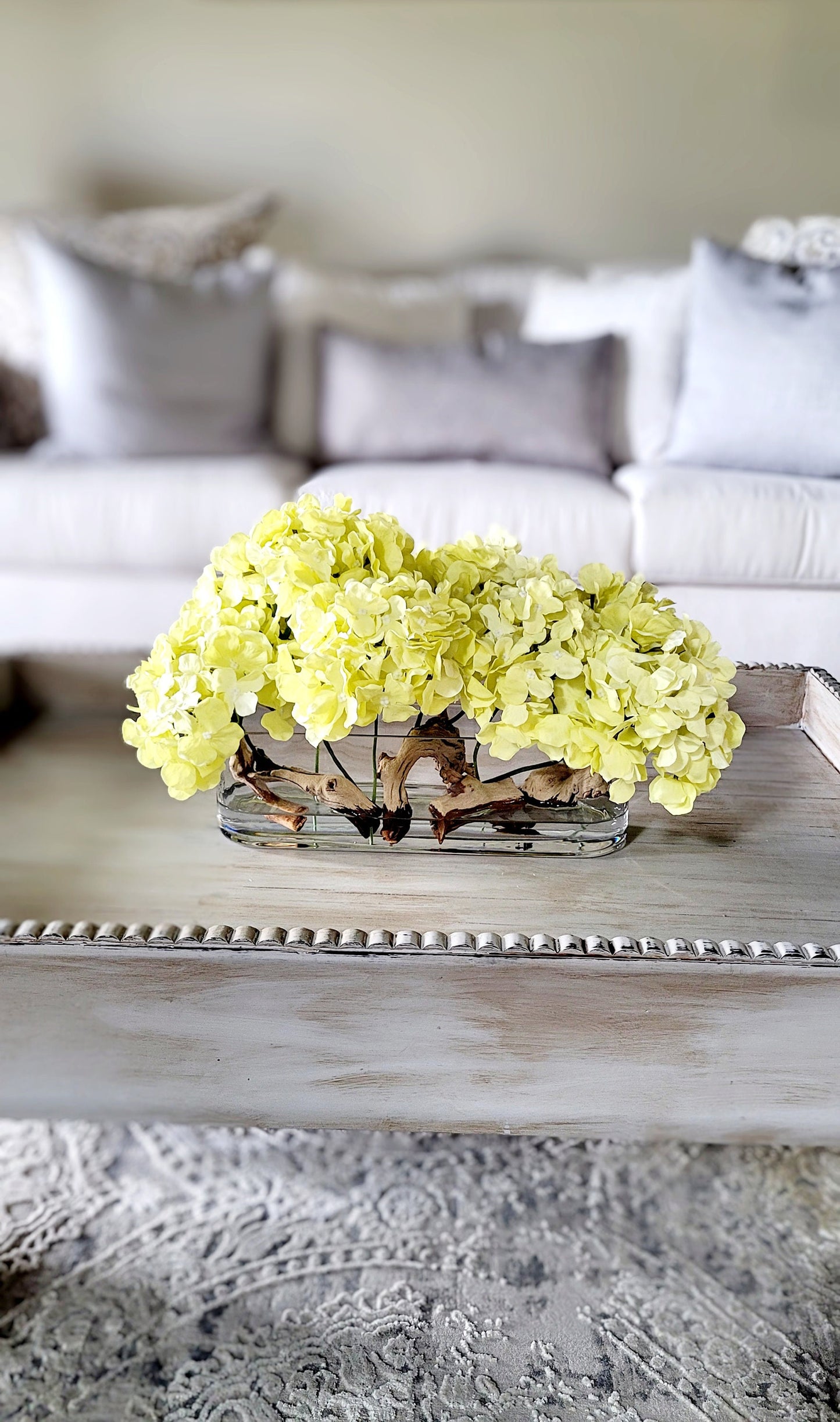 Dining Table Centerpiece – Artificial Hydrangea Arrangement in French Country Glass Vase