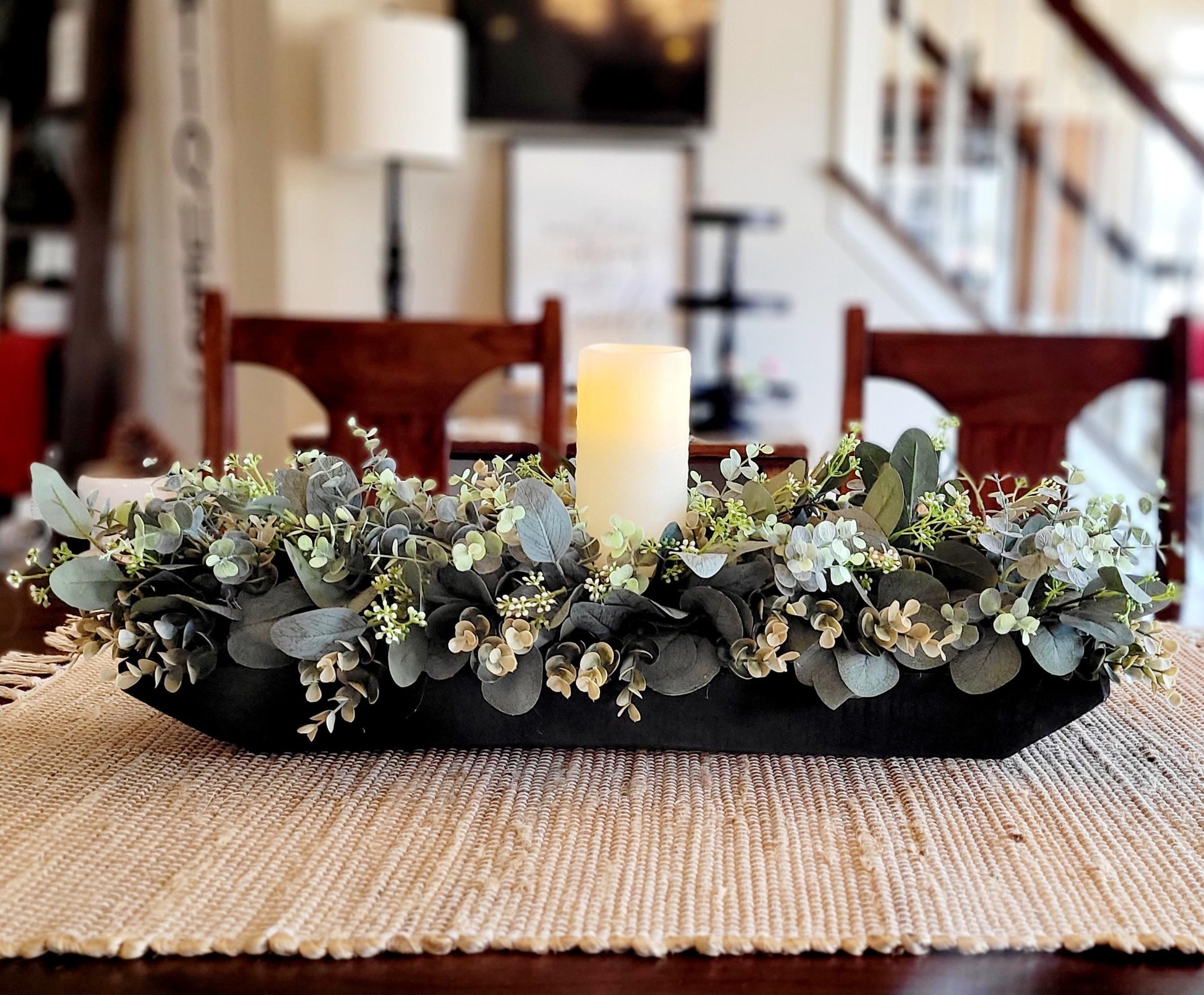 Dough Bowl Centerpiece Farmhouse Table Arrangement Rustic Wood Design Hand Carved Bowl Custom Finished Display Faux Eucalyptus Greenery Artificial Plants Battery Powered Candle Country Style Decor Coffee Table Accent Ready To Display Home