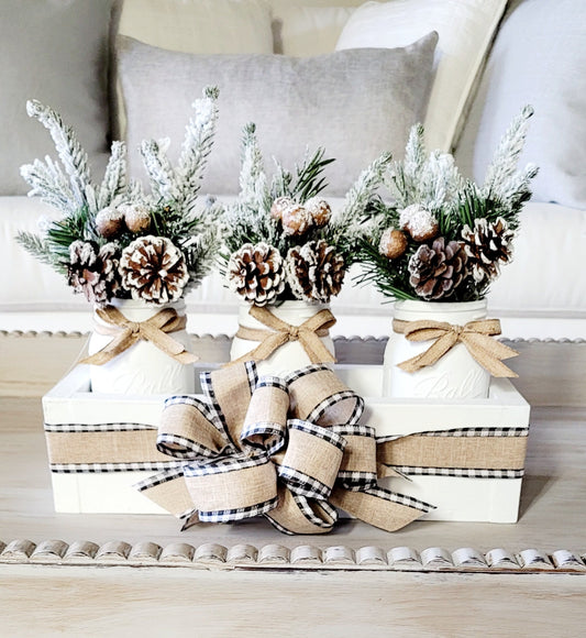 Winter Floral Arrangement Long Wood Box Dining Table Winter Arrangement Mason Jar Holiday Centerpiece Elegant Floral arrangement Mason Jar