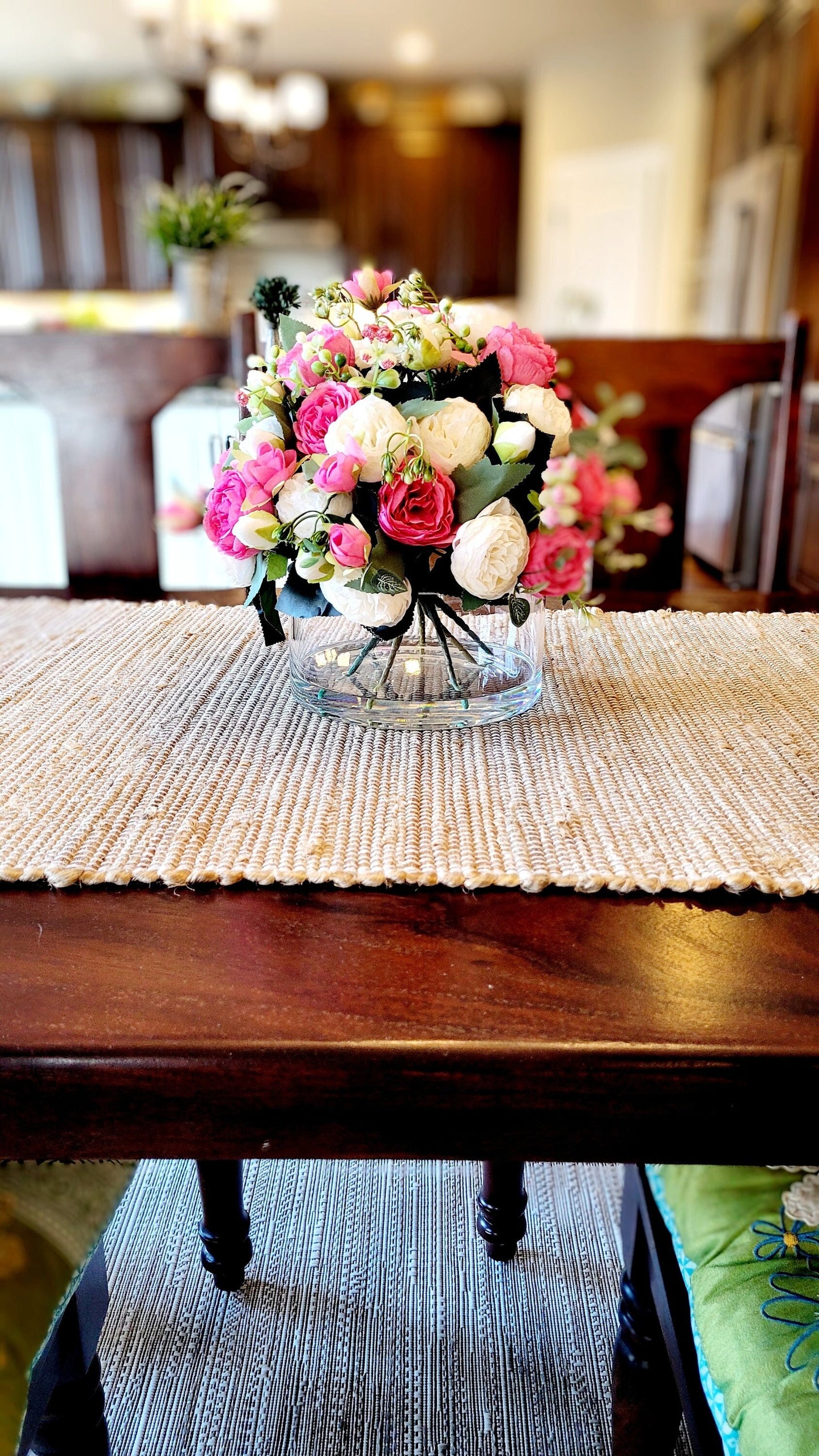 Artificial Silk Peony Collection Pink Flower Arrangement Glass Vase Centerpiece Realistic Water Effect Display Faux Peony Blooms Lifelike Petal Details Wedding Table Styling Bridal Shower Arrangement Home Mantel Display Romantic Gift