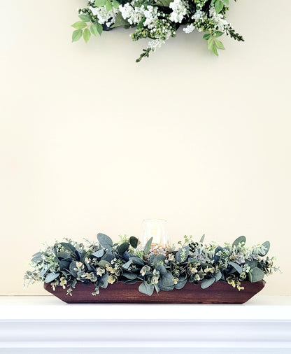 Farmhouse Dough Bowl Arrangement – Rustic Dining Table Centerpiece with Eucalyptus