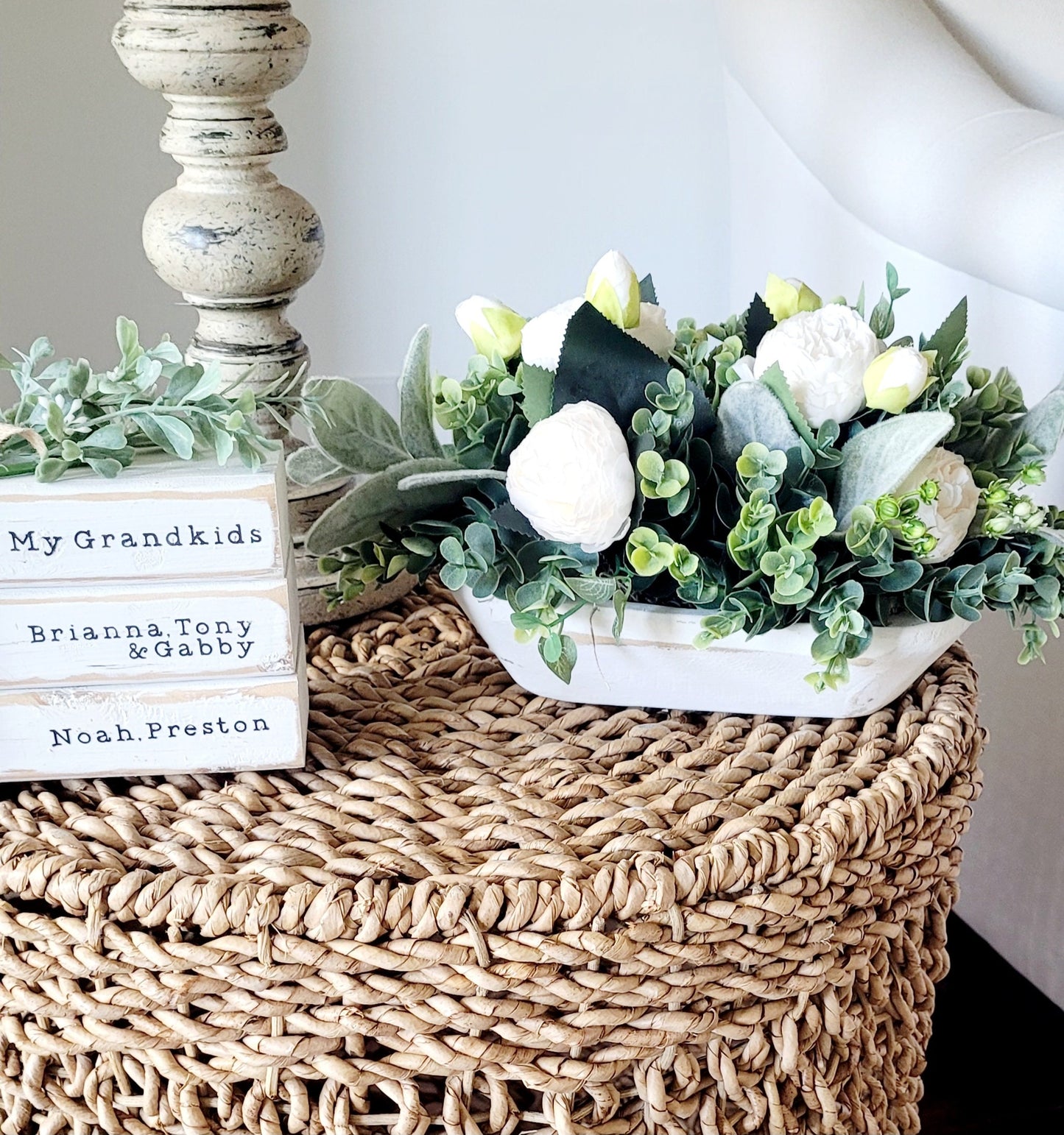 Rustic Dough Bowl Centerpiece Peony Floral Arrangement Wedding Table Decoration Vintage Farmhouse Design Handcrafted Floral Display Reception Table Setting Special Event Decor Elegant Wedding Flowers Beautiful Table Focal Point Country