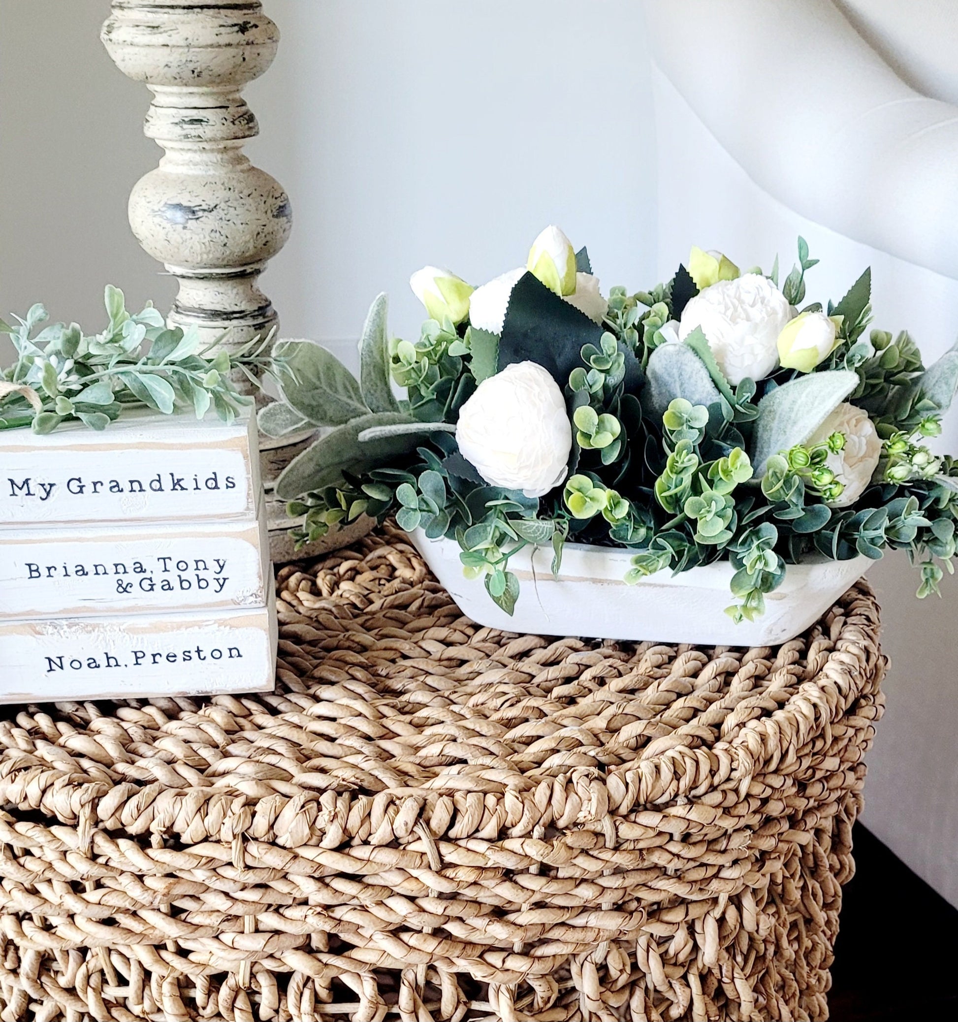 Rustic Dough Bowl Centerpiece Peony Floral Arrangement Wedding Table Decoration Vintage Farmhouse Design Handcrafted Floral Display Reception Table Setting Special Event Decor Elegant Wedding Flowers Beautiful Table Focal Point Country