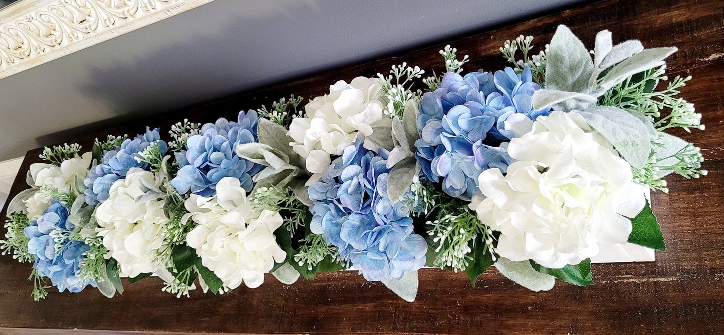 Wooden Box Floral Arrangement Blue Hydrangea Centerpiece Long Farmhouse Display Rustic Table Styling White Wash Finish Custom Box Design Cream Flowers Light Blue Blooms Lambs Ear Greenery Perfect Mantel Accent Dining Room Centerpiece