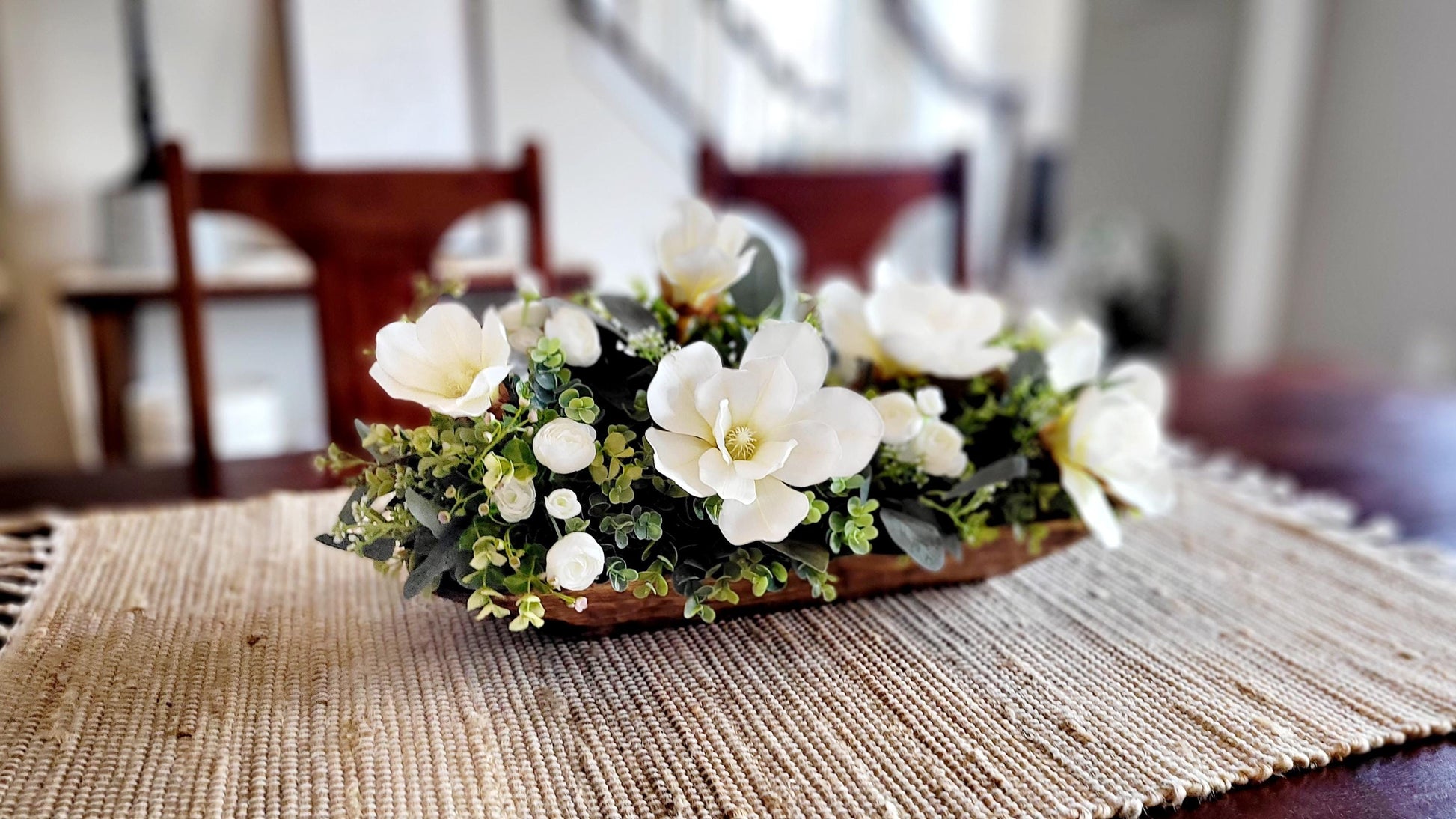 Rustic Farmhouse Centerpiece Dough Bowl Design Magnolia Arrangement Feature Elegant Table Styling Artificial Flower Display Custom Wooden Bowl Creation Traditional Home Accent Piece Faux Flower Collection Realistic Looking Blooms Dining