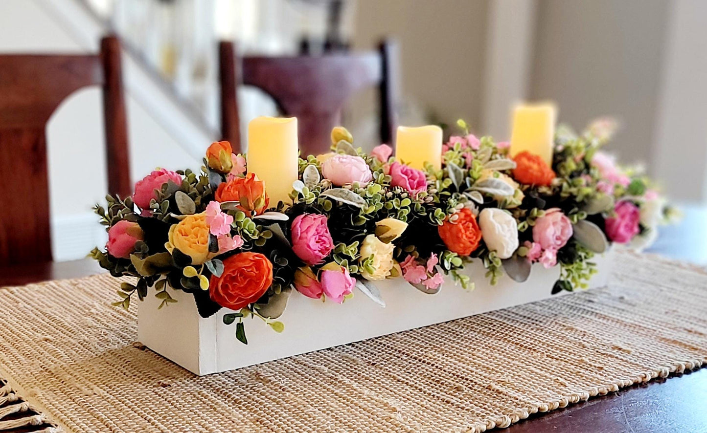 Spring Table Centerpiece – Artificial Peony Arrangement with Battery Candles in Wood Box
