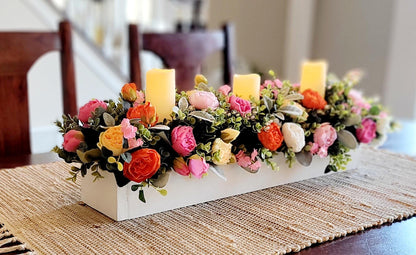 Spring Table Centerpiece – Artificial Peony Arrangement with Battery Candles in Wood Box