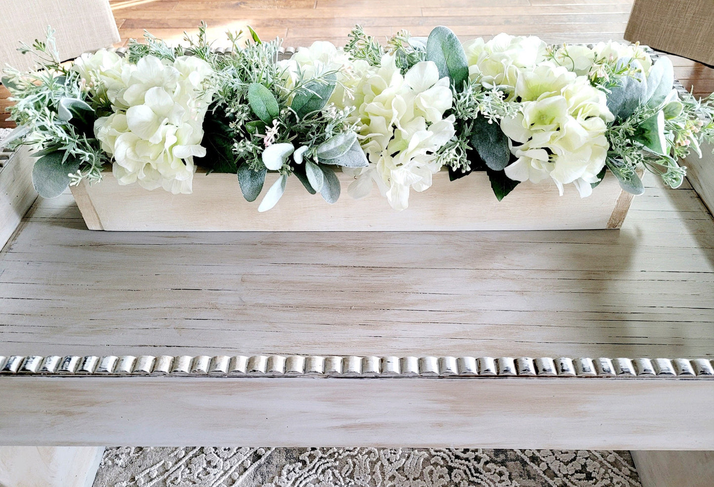 Versatile Hydrangea Arrangement Wooden Box Centerpiece Farmhouse Table Decoration Mantle Display Option Kitchen Island Accent White Cream Flowers Mint Green Foliage Neutral Home Decor Long Planter Design Natural Looking Blooms Beautiful