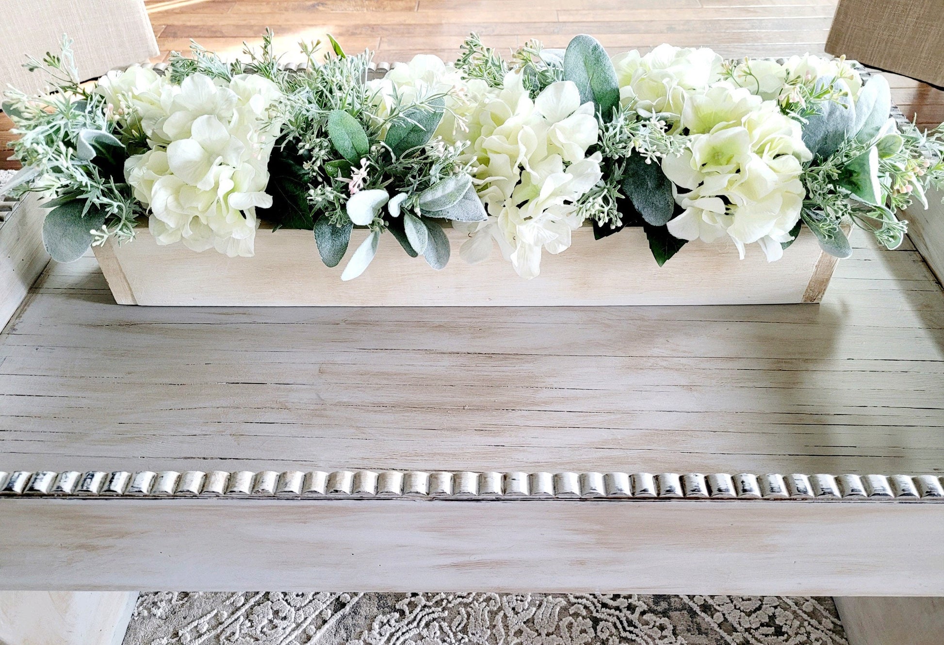 Versatile Hydrangea Arrangement Wooden Box Centerpiece Farmhouse Table Decoration Mantle Display Option Kitchen Island Accent White Cream Flowers Mint Green Foliage Neutral Home Decor Long Planter Design Natural Looking Blooms Beautiful