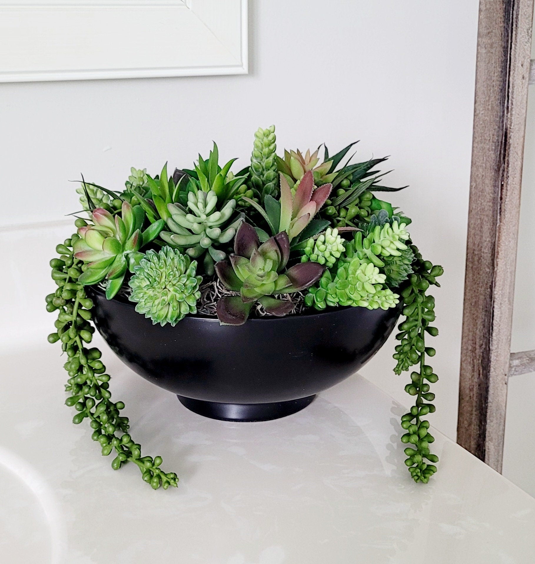Modern Succulent Arrangement Artificial Plant Gift Contemporary Black Ceramic Planter Faux Silk Succulents Perfect Office Desk Plant Gift Realtor Closing Present Client Appreciation Gift Corporate Business Gift Low Maintenance Workspace