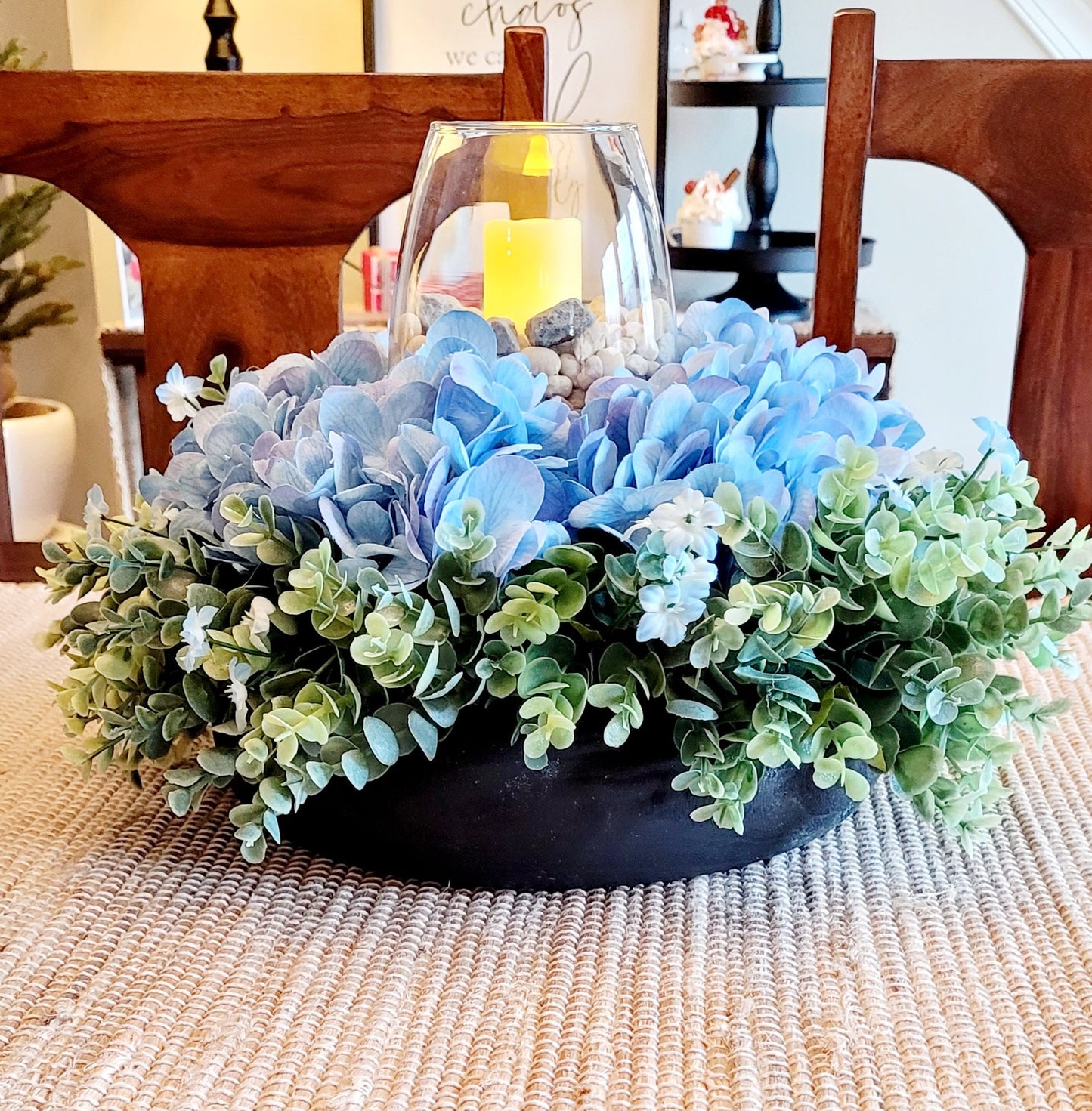 Custom Wooden Bowl Centerpiece Blue Hydrangea Arrangement Farmhouse Table Decoration Handmade Floral Design Dining Table Accent Versatile Home Decor Wedding Reception Display Kitchen Table Centerpiece Rustic Country Style Hand Carved Wood