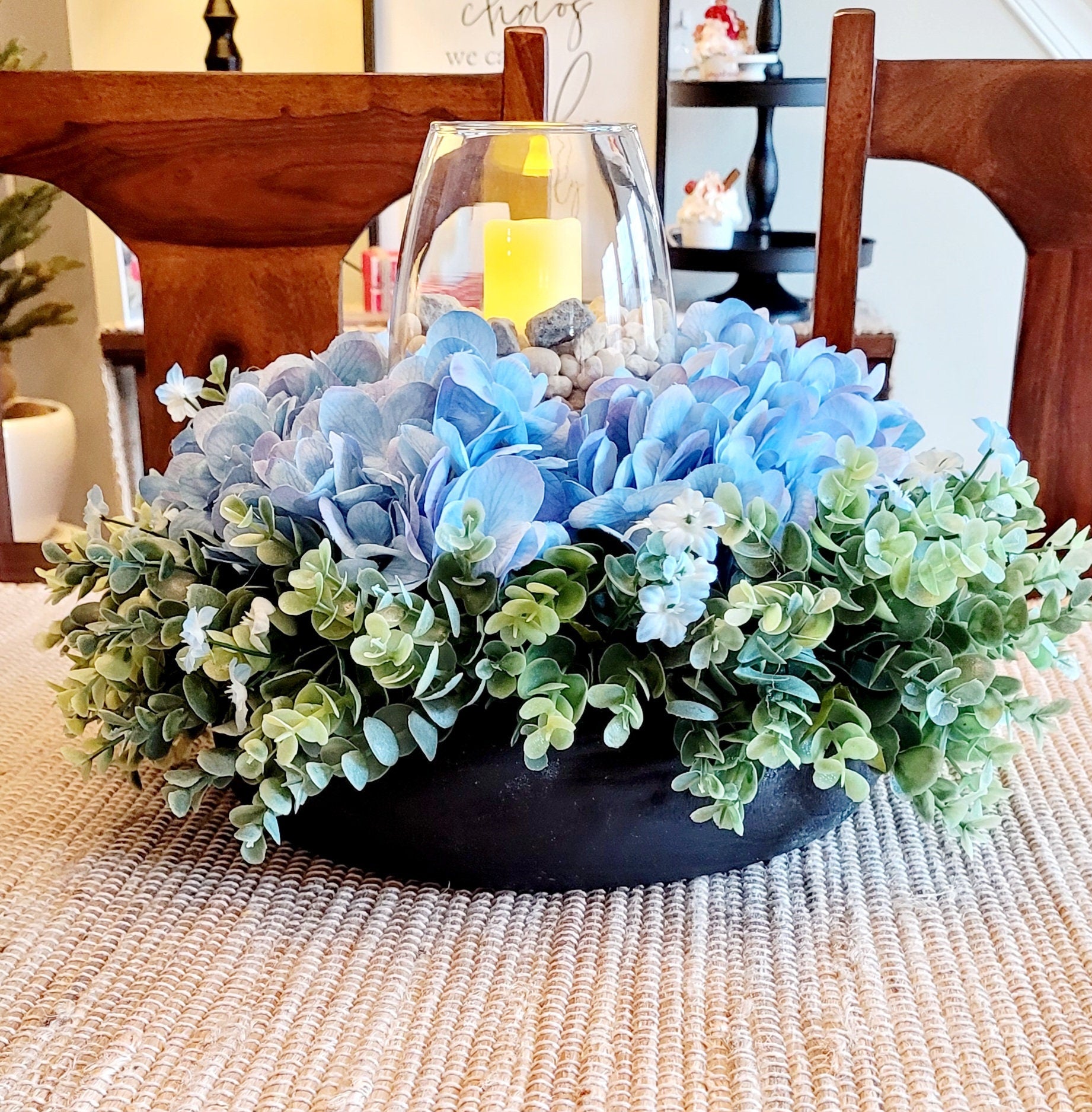 Custom Wooden Bowl Centerpiece Blue Hydrangea Arrangement Farmhouse Table Decoration Handmade Floral Design Dining Table Accent Versatile Home Decor Wedding Reception Display Kitchen Table Centerpiece Rustic Country Style Hand Carved Wood