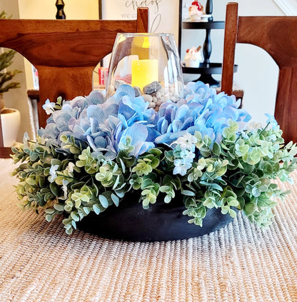 Custom Wooden Bowl Centerpiece Blue Hydrangea Arrangement Farmhouse Table Decoration Handmade Floral Design Dining Table Accent Versatile Home Decor Wedding Reception Display Kitchen Table Centerpiece Rustic Country Style Hand Carved Wood