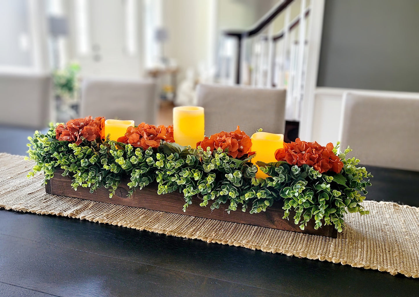 Sunflower Fall Table Arrangement Fall Sunflower Faux White Hydrangea Arrangement Dining Fall Decor Flame-less Candle Fall Table Decor Fall