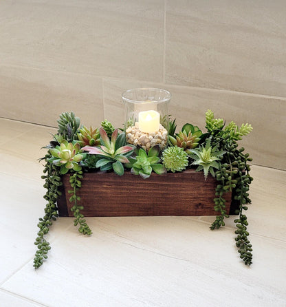 Succulent arrangement wood box succulent decoration client gift new home bathroom decor spa decor faux succulent candle centerpiece candle