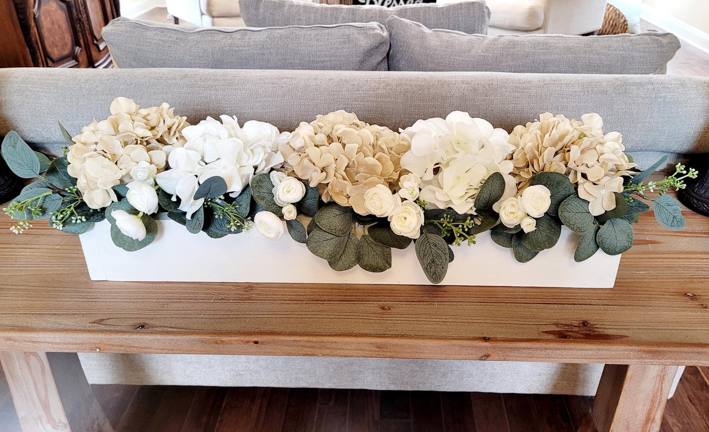 Artificial Flower Centerpiece – Silk Hydrangea Rose Arrangement in Wooden Box