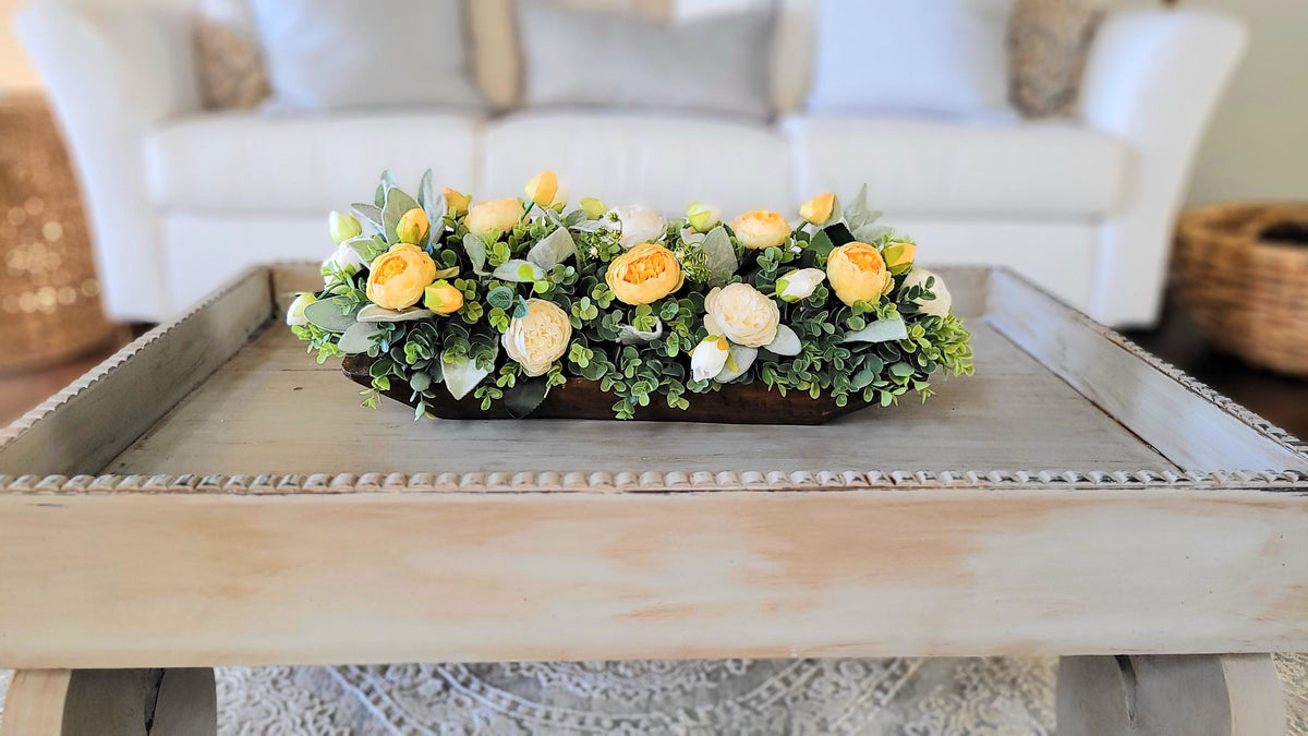 Dough Bowl Centerpiece – Handcarved Wooden Cream Peony Farmhouse Arrangement