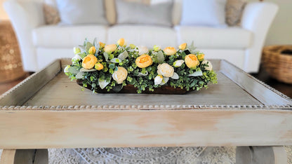 Dough Bowl Centerpiece – Handcarved Wooden Cream Peony Farmhouse Arrangement