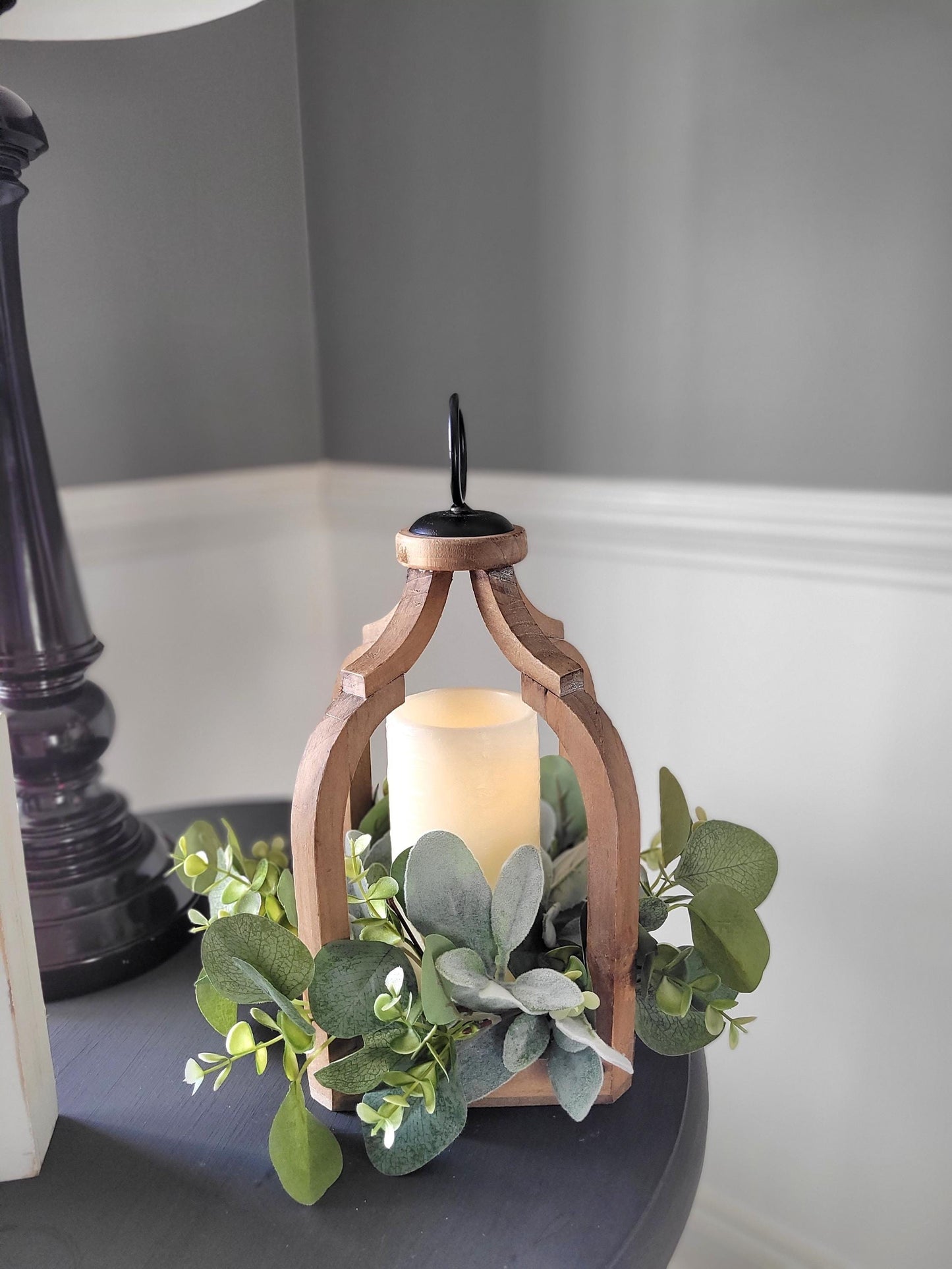 Farmhouse Lantern Rustic Lantern Farmhouse Table Decor Candle Decoration Spring Wreath Lambs Ear Arrangement Coffee table gift new Home gift