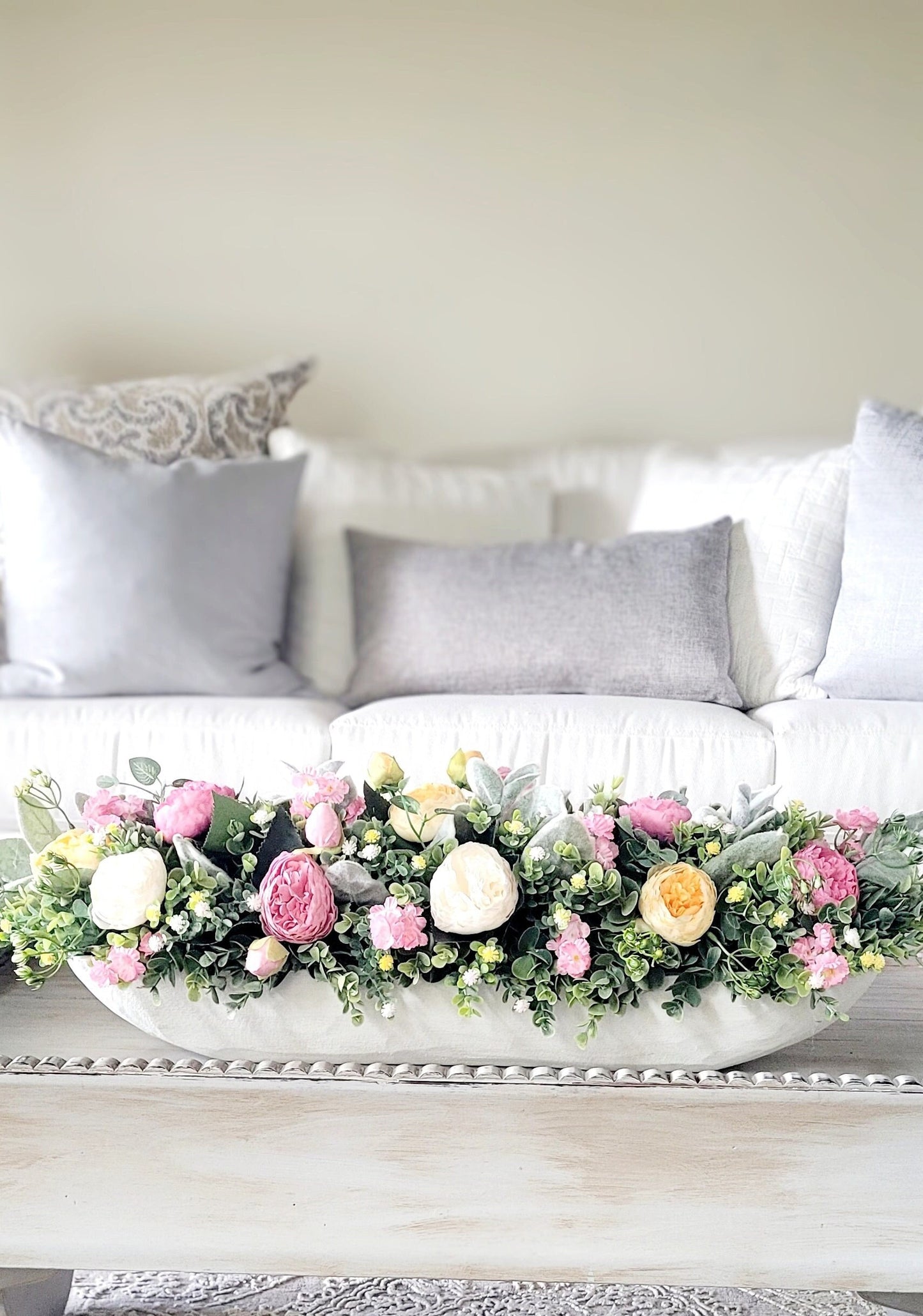 Handcarved Dough Bowl Centerpiece Cream Peony Arrangement Wedding Table Decoration Rustic Farmhouse Style Floral Display Elegant Reception Decor Artificial Flower Arrangement Lambs Ear Greenery Vintage Inspired Design Traditional Country