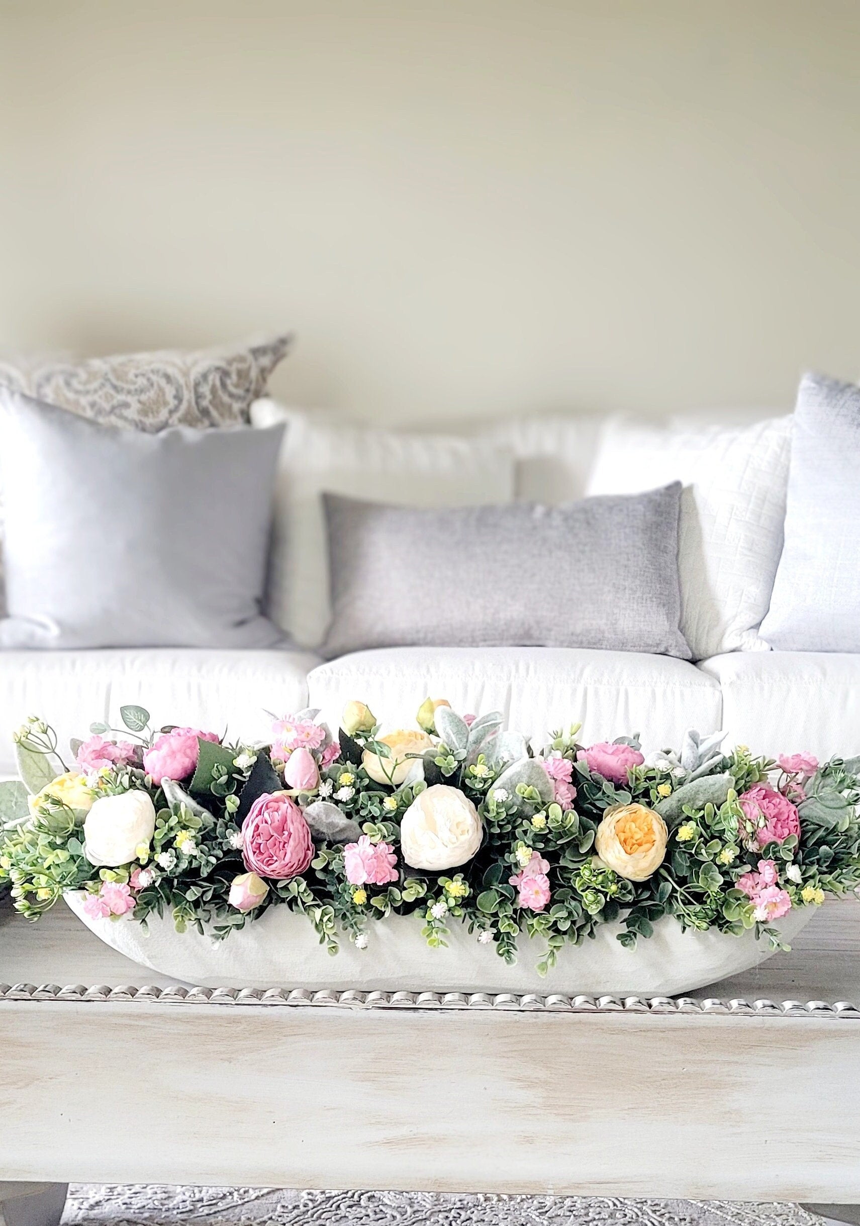 Handcarved Dough Bowl Centerpiece Cream Peony Arrangement Wedding Table Decoration Rustic Farmhouse Style Floral Display Elegant Reception Decor Artificial Flower Arrangement Lambs Ear Greenery Vintage Inspired Design Traditional Country