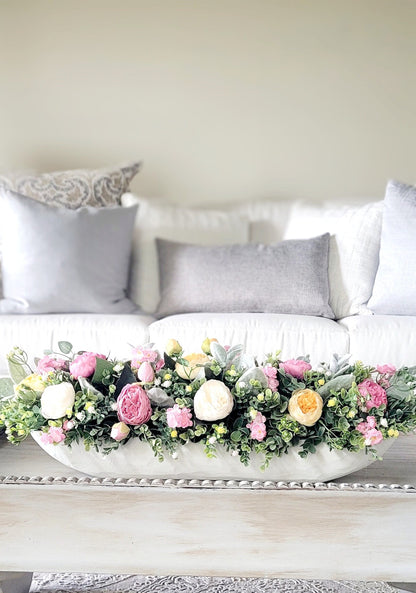 Handcarved Dough Bowl Centerpiece Cream Peony Arrangement Wedding Table Decoration Rustic Farmhouse Style Floral Display Elegant Reception Decor Artificial Flower Arrangement Lambs Ear Greenery Vintage Inspired Design Traditional Country