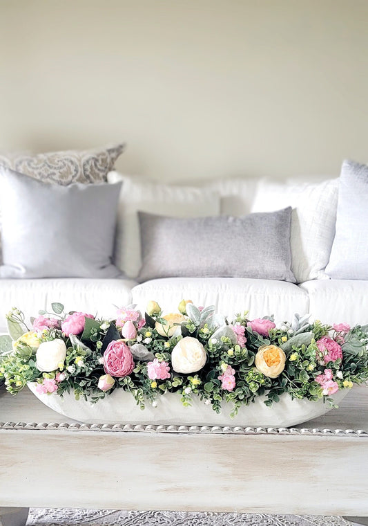 Handcarved Dough Bowl Centerpiece Cream Peony Arrangement Wedding Table Decoration Rustic Farmhouse Style Floral Display Elegant Reception Decor Artificial Flower Arrangement Lambs Ear Greenery Vintage Inspired Design Traditional Country