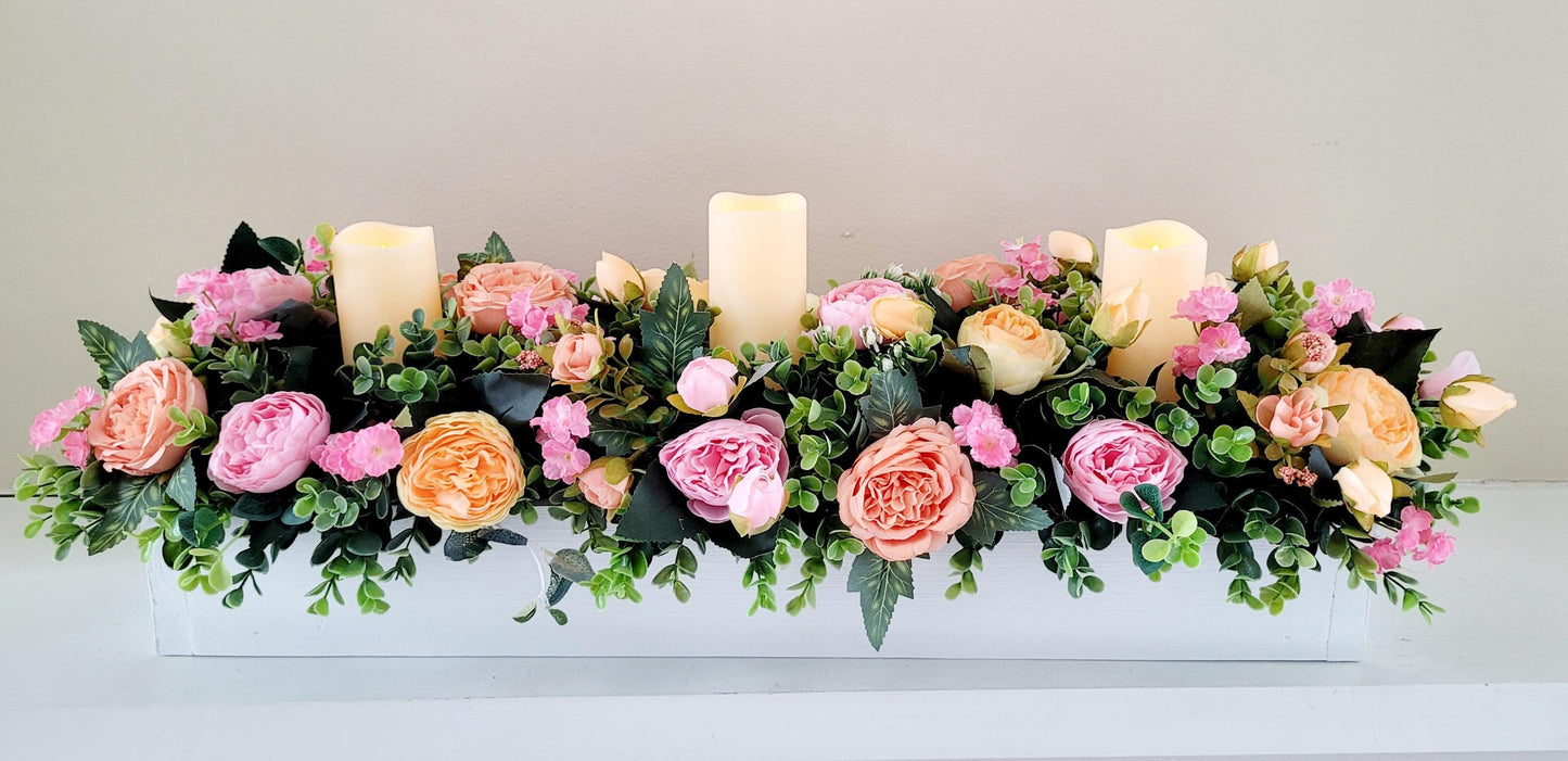 Dining Room Arrangement Peony Silk Flower Coral Flowers Peach Flower Arrangement Spring Table Decor Wood Box Table Centerpiece With Candles