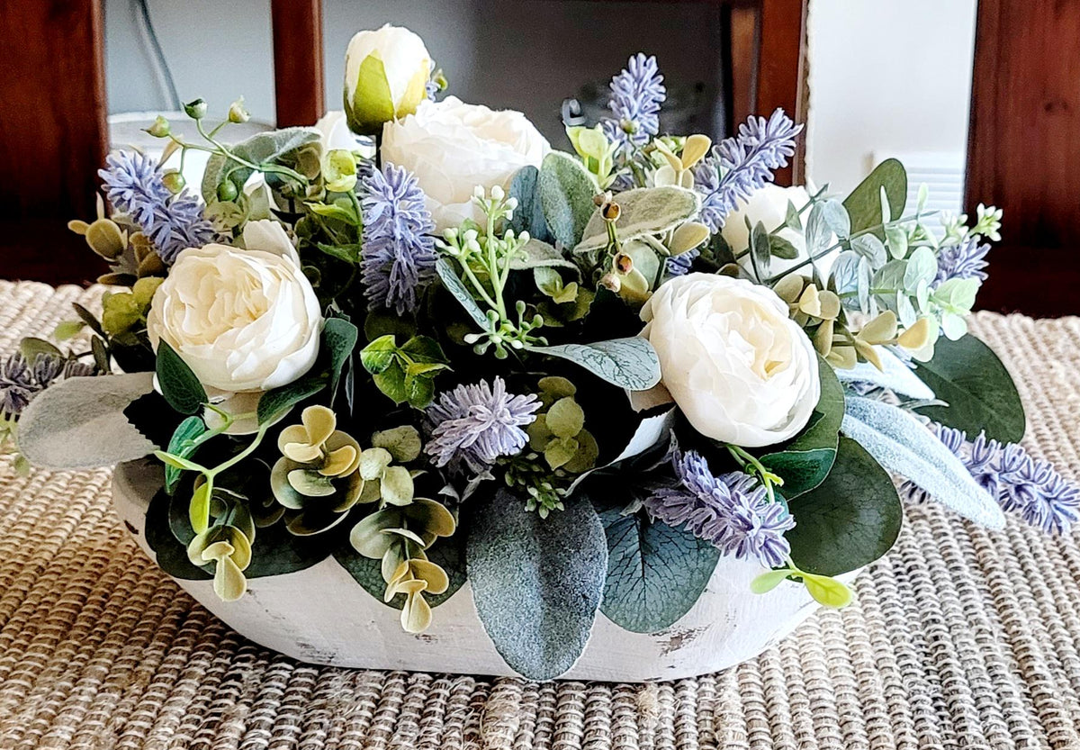 Lavender Dough Bowl Centerpiece – Rustic Farmhouse Spring Table Arrangement