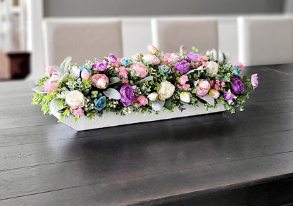 Handcrafted Floral Centerpiece Purple Pink Peonies Turquoise Wooden Bowl Artificial Flower Arrangement Elegant Table Display Farmhouse Style Decor Silk Bloom Collection Realistic Looking Flowers Dining Room Accent Versatile Home Styling