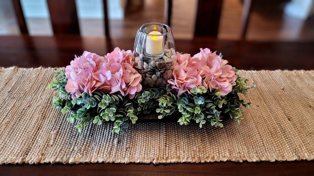 Rustic Wood Floral Centerpiece Hydrangea Farmhouse Dough Bowl Pink Hydrangea Farmhouse Arrangement Candle Centerpiece Dough Bowl Decor