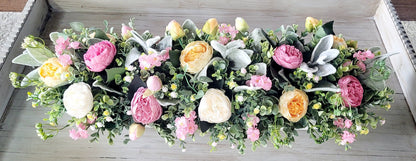 Dough Bowl Centerpiece – Hand Carved Wooden Spring Flower Arrangement