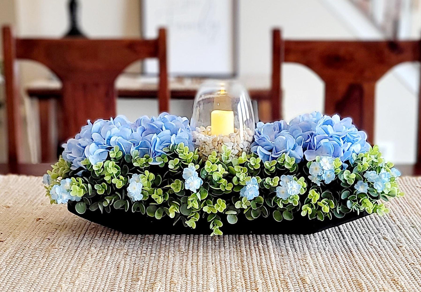 Candle Centerpiece Candle Arrangement Farmhouse Decor Blue Hydrangea Arrangement Greenery Arrangement Rustic Table Decor Dining table