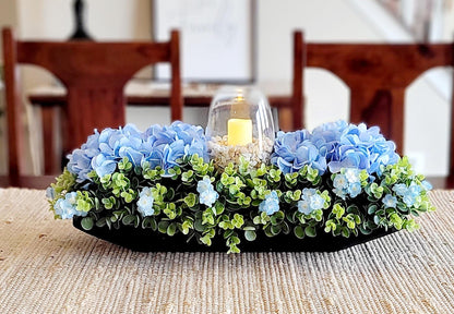Candle Centerpiece Candle Arrangement Farmhouse Decor Blue Hydrangea Arrangement Greenery Arrangement Rustic Table Decor Dining table