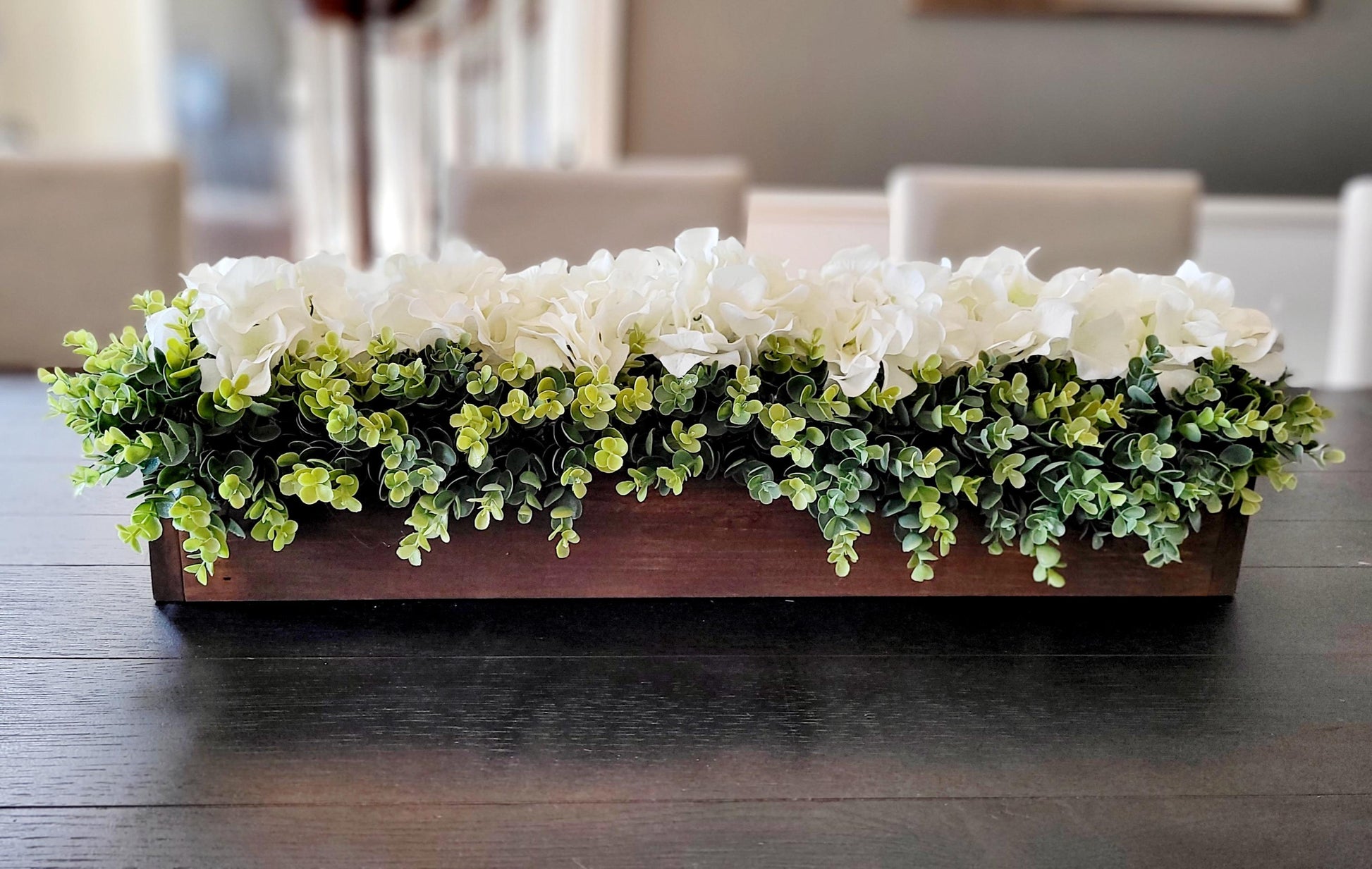 Rustic Wooden Box Hydrangea Arrangement Neutral Color Palette Farmhouse Style Centerpiece White Cream Floral Display Country Home Decoration Table Mantle Decor Beautiful Handmade Design Long Table Arrangement Natural Greenery Accents Living