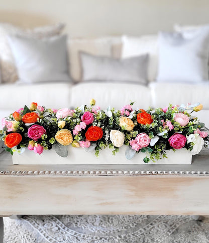 Spring Dining Table Centerpiece Colorful Peony Arrangement Farmhouse Wood Container Kitchen Table Decoration Artificial Floral Display Rustic Home Accent Seasonal Table Setting Beautiful Flower Arrangement Painted Wood Box Spring Home