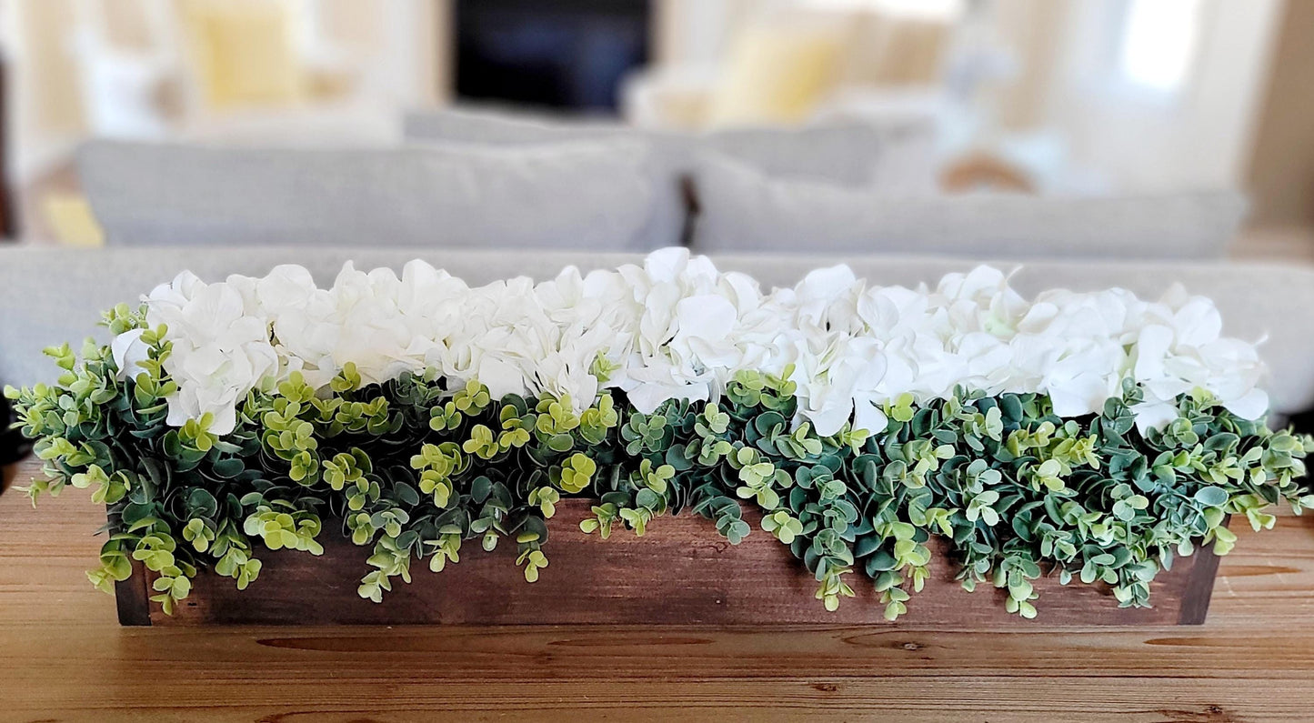 Hydrangea Centerpiece – Farmhouse Style Wooden Box Arrangement