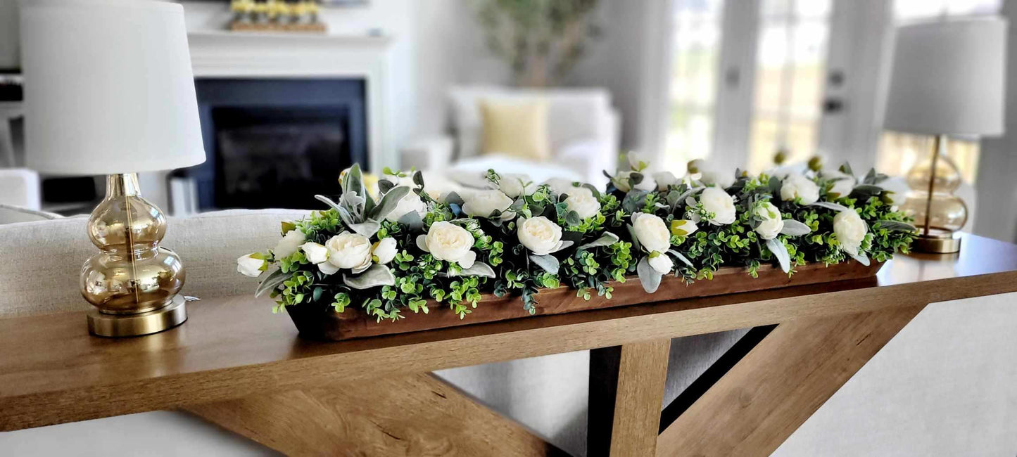 Wedding Table Centerpiece – Rustic Peony Floral Arrangement in Dough Bowl