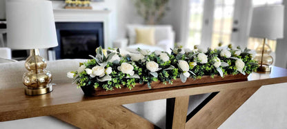 Wedding Table Centerpiece – Rustic Peony Floral Arrangement in Dough Bowl