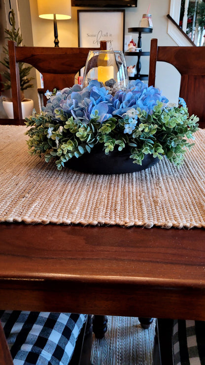 Farmhouse Table Centerpiece – Handmade Blue Hydrangea in Custom Wooden Bowl
