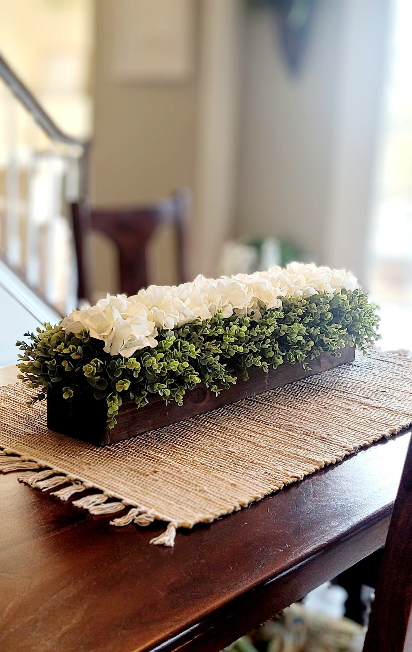 Farmhouse Hydrangea Centerpiece Wood Box Hydrangea Arrangement Mantle Wooden Box Centerpiece  Hydrangea Dining Room Farmhouse Greenery Decor