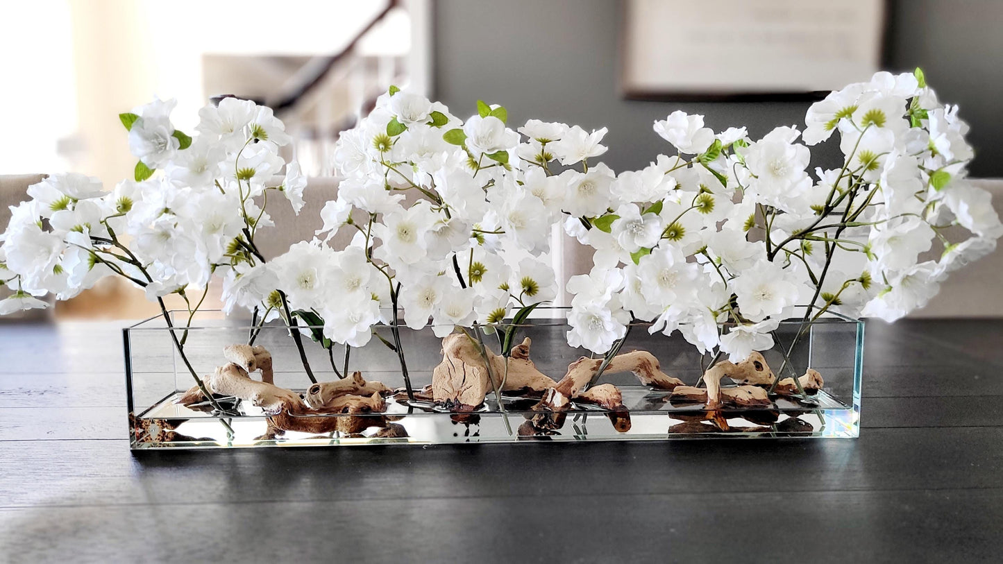 Cherry Blossom Arrangement dining table centerpiece elegant arrangement modern farmhouse decor artificial water arrangement long glass vase