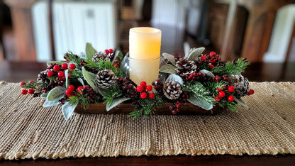 Dough Bowl Christmas Dining Table Centerpiece Candle Centerpiece Hand Carved Dough Bowl Winter Arrangement Pine Floral Arrangement Gift